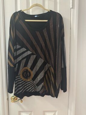 Black Metallic Geometric Long-Sleeve Tunic